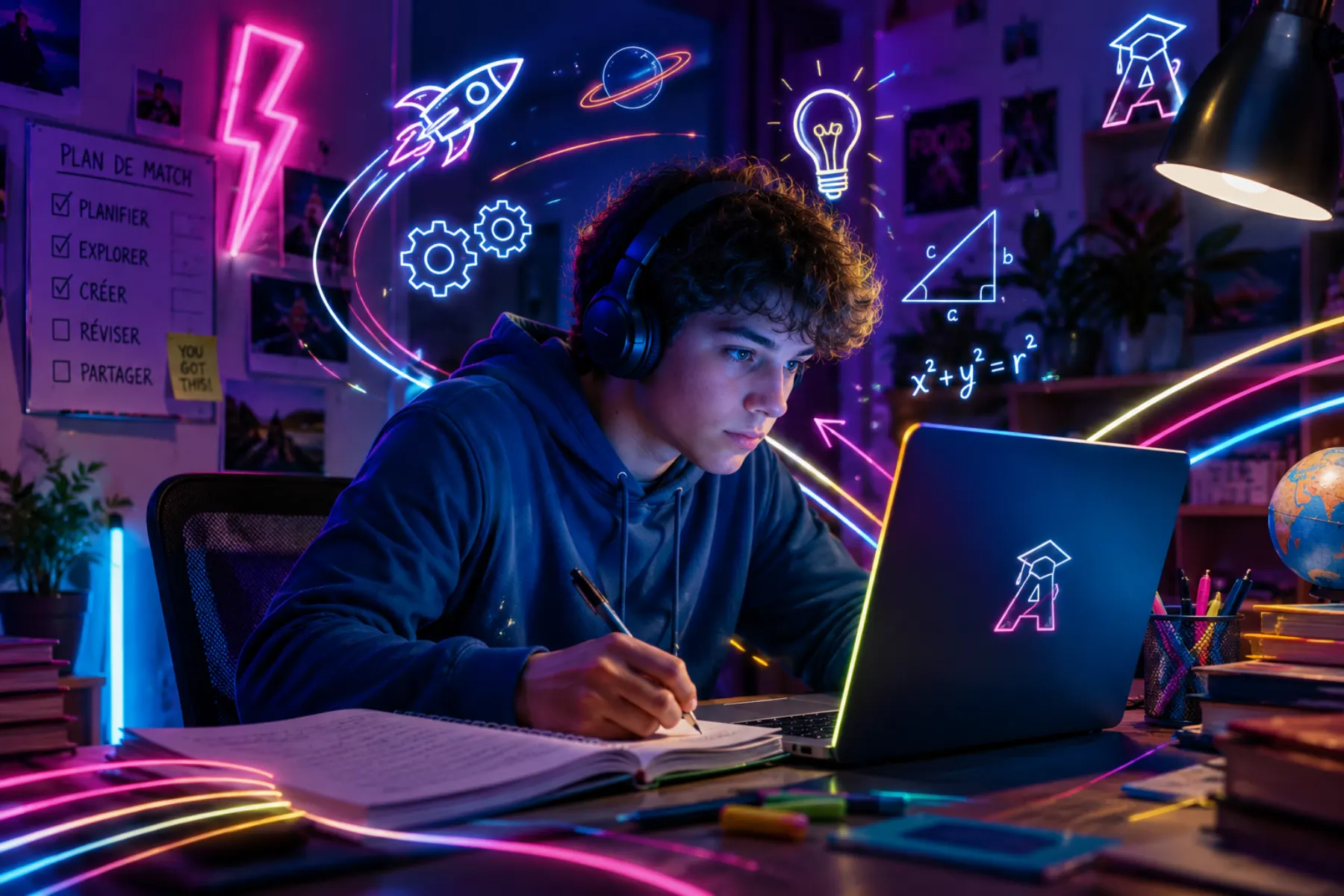 Un adolescent au casque travaille à son bureau, entouré de repères dessinés en traits lumineux.