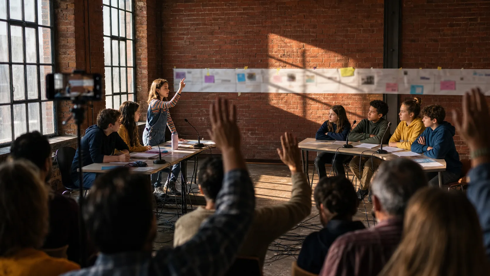 Deux équipes de jeunes débattent devant un public qui vote à main levée, dans un grand local de brique.